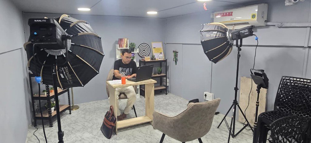 Recording setup with softbox lights in the studio